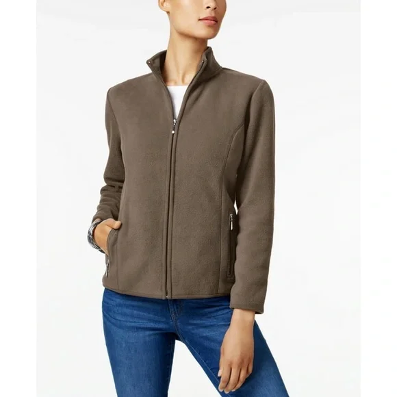 Karen Scott Brown Fuzzy Fill Zip Jacket - Picture 1 of 7